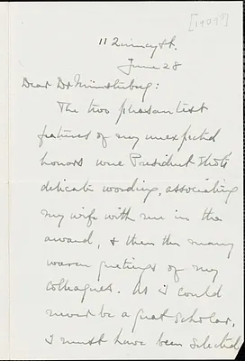 Palmer, George Herbert, 1842-1933 autograph letter signed to Hugo Münsterberg, Cambridge, Mass., 28 June 1909?