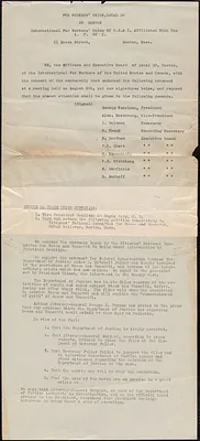 Fur Workers' Union of Boston, Local 30 printed petition to Citizens National Committee for Sacco and Vanzetti, Boston, Mass., [August 8, 1927]