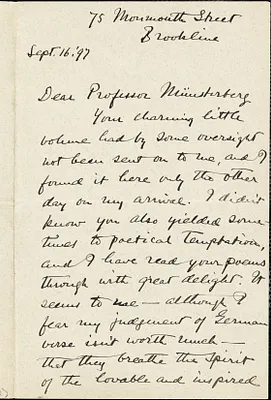 Santayana, George, 1863-1952 autograph letter signed to Hugo Münsterberg, Brookline, Mass., 16 September 1897