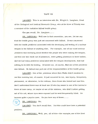 Transcript of Lansing Lamont Interview with Dr. Wright H. Langham of Los Alamos Laboratory (Tape VII)