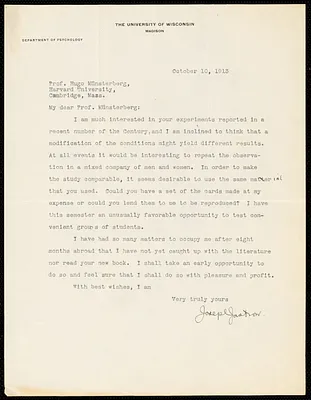 Jastrow, Joseph, 1863-1944 typed letter signed to Hugo Münsterberg, Madison, Wis., 10 October 1913