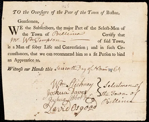 Rebecca Ryan indentured to apprentice with William Tompson [Thompson] of Billerica, 1 February 1764