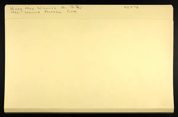 Hare, Mrs. Nannie A (J.R.) nee Nannie Aurelia Cox