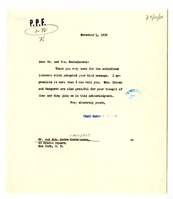 Correspondence Between Mr. and Mrs. Andre Kostalanetz and President Harry S. Truman