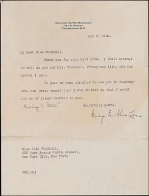 George E. MacLean typed letter to [Zula] Woodhull, Washington, D.C., May 2, 1928