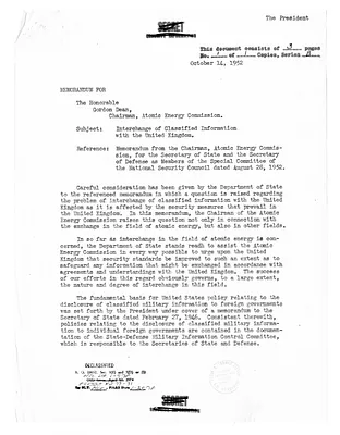 Memorandum from Acting Secretary of State David Bruce to Gordon Dean