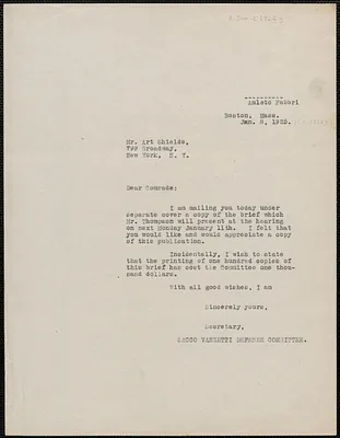 Amleto Fabbri (Sacco-Vanzetti Defense Committee) typed letter (circular) to Art Shields, Boston, Mass., January 8, 1926