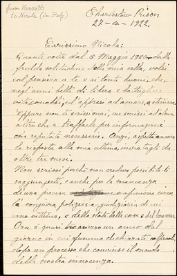 Bartolomeo Vanzetti autographed letter signed to Nicola (in Italy), Charlestown, 27 April 1922