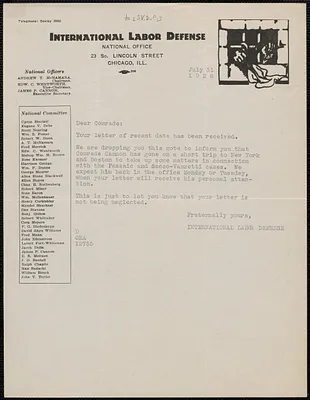 International Labor Defense Office typed note to Sacco-Vanzetti Defense Committee, Chicago, Ill., July 31, 1926