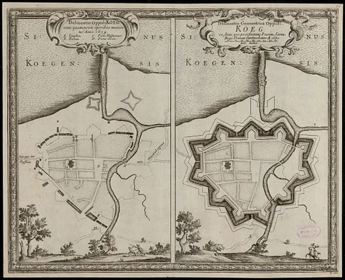 Delineatio oppidi Köeg ante quam novis operibus muniretur anno 1659 ; delineatio geometrica oppidi Köeg eo statu, quo post factam pacem, seren. Rege Daniae restituebatur a. 1660