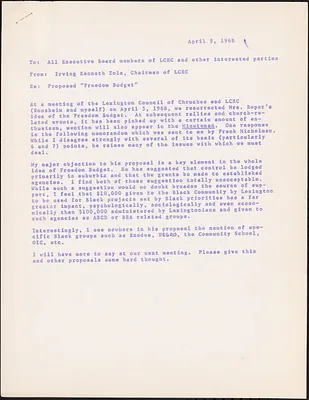 Memo from Irving Kenneth Zola, Chairmen of LCRC, Re: Proposed “Freedom Budget”