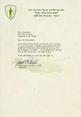 Letter from Lieutenant Colonel Joseph P. McMonigle to President Gerald R. Ford Regarding the Mayaguez Incident