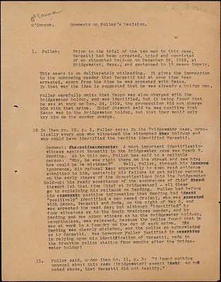 [Tom] O'Connor typed document, [Boston, Mass., August 1927]: Comments on Fuller's decision