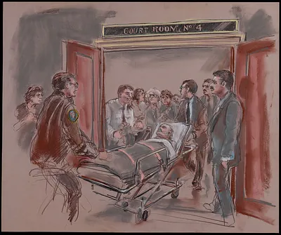 Courtroom scene with man on gurney