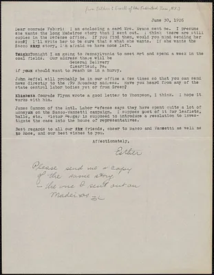 Lowell Esther (The Federated Press) typed letter signed to Amleto Fabbri, New York, N.Y., June 30, 1926