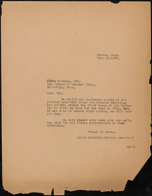 Sacco-Vanzetti Defense Committee typed note (copy) to Eldon R. James, Boston, Mass., July 13, 1927