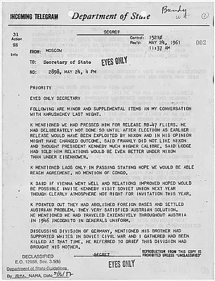 Department of State telegram to Secretary of State Dean Rusk from Ambassador Llewellyn Thompson, 24 May 1961