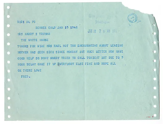 Telegram from Fred Wallace to Bess W. Truman