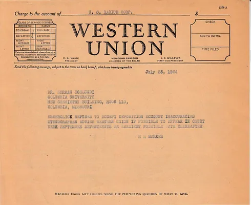 Telegram to Dr. Herman Schlundt, July 25, 1934