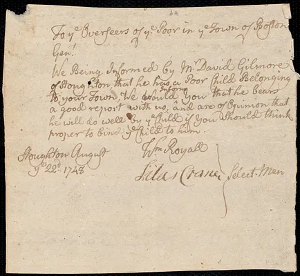 Margrett Cocklin indentured to apprentice with David Gilmore of Stoughton, 5 September 1748