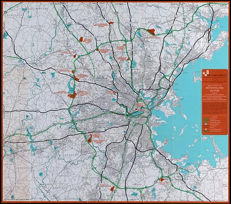 Master highway plan metropolitan Boston showing the Massachusetts turnpike, route 128 (circumferential highway), Boston central artery, and planned system of expressways