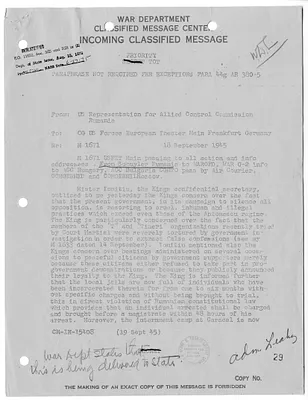 War Department Incoming Classified Message from the United States Representation for Allied Control Commission Rumania