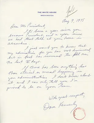 Letter from David Hume Kennerly, Personal Photographer to the President, to President Gerald R. Ford Regarding the President's First Year in Office