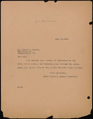 Sacco-Vanzetti Defense Committee typed note (copy) to Albert S. Walton, Boston, Mass., July 30, 1926