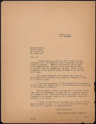 Mary Donovan (Sacco-Vanzetti Defense Committee) typed note (copy) to Alvan Rathbone, Boston, Mass., October 24, 1927