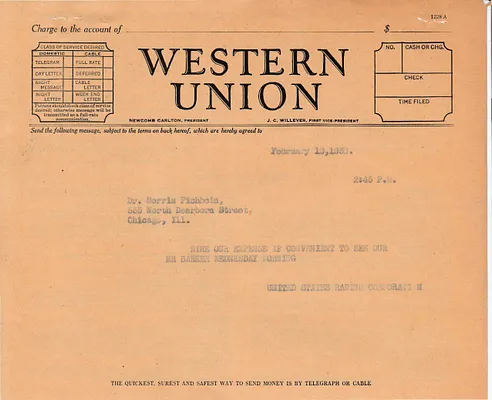 Telegram to Morris Fishbein, February 10, 1930