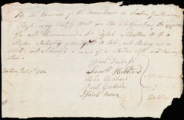 Patty Roberts indentured to apprentice with Josiah Stratton of Holden, 9 January 1788