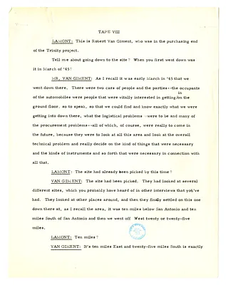 Transcript of Lansing Lamont Interview with Robert J. Van Gemert and Harry Allen of Los Alamos Laboratory (Tape VIII)