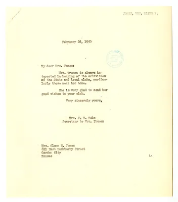 Letter from Opal Jones to Bess W. Truman with a Reply from Edith Helm