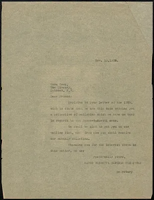 Sacco-Vanzetti Defense Committee typed letter (copy) to Cara Cook (Brookwood), Boston, Mass., November 15, 1926