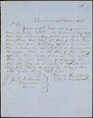 John S. Montmollin, Savannah, Ga., autograph note signed to Ziba B. Oakes, 30 October 1856