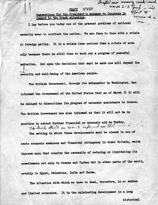 Memorandum, Draft of Suggestions for the President's Message to Congress in Regard to the Greek Situation