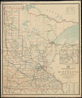 Post route map of the State of Minnesota showing post offices with the intermediate distances and mail routes in operation on the 1st. of December 1895
