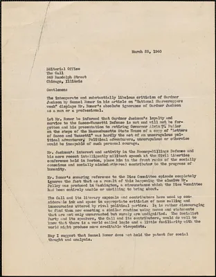 Michael C. Flaherty typed note (copy) to Editorial Office, The Call, Boston, Mass., March 25, 1940