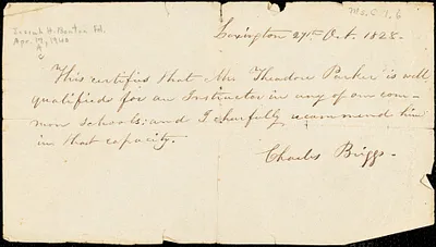 Letters from Charles Briggs, Lexington, [Massachusetts], 1828 Oct[ober] 27 and Will P. Huntington, Lexington, [Massachusetts], 1828 Oct[ober] 16