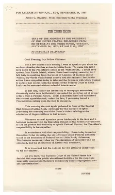 Press Release Containing Speech on Radio and Television Given by President Dwight D. Eisenhower