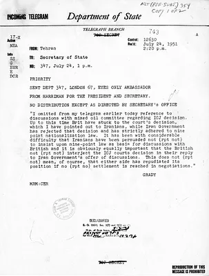 Telegram from Ambassador Henry Grady to Secretary of State Dean Acheson, Number 347