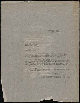 Sacco-Vanzetti Defense Committee typed letter (copy) to Cecelia Polisuk (Students Sacco-Vanzetti Committee), Boston, Mass., May 12, 1927