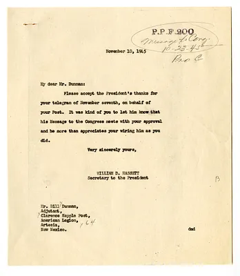 Telegram from Bill Dunnam to President Harry S. Truman with a Reply from William D. Hassett