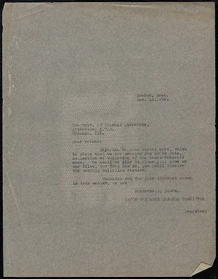 Sacco-Vanzetti Defense Committee typed note (copy) to University of Chicago Libraries, Boston, Mass., December 15, 1926