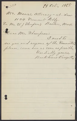 Sacco-Vanzetti Case Records, 1920-1928. Correspondence. Bartolomeo Vanzetti to William G. Thompson, October 29, 1925. Box 40, Folder 97, Harvard Law School Library, Historical & Special Collections