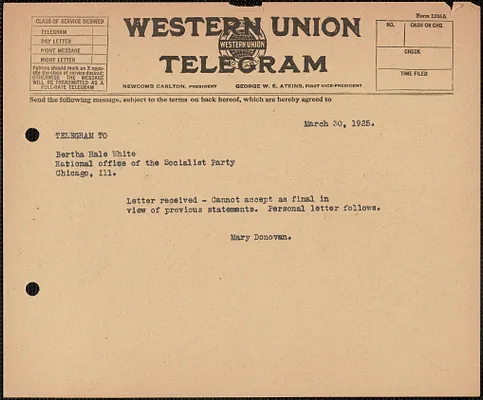 Mary Donovan telegram to Bertha Hale White (Socialist Party, National Office), Boston, Mass., March 30, 1925