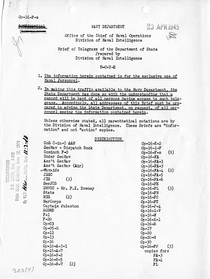 Brief of Telegrams of the Department of State, Prepared by Division of Naval Intelligence