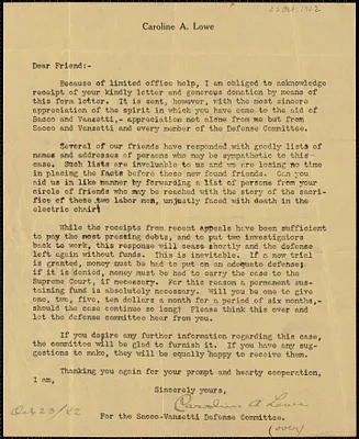 Caroline A Lowe (Sacco-Vanzetti Defense Committee) autograph letter signed to Dear Friend, Boston, Mass, Ocotber 23, 1922