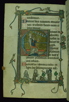 Leaf from Psalter: Psalm 80, Initial E with David Ringing Bells