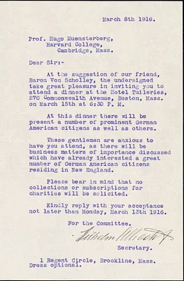 Albrecht, Wilhelm typed letter signed to Hugo Münsterberg, Brookline, Mass., 08 March 1916